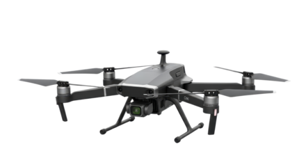 Modern gray drone with camera for aerial photography isolated PNG with Transparent Background