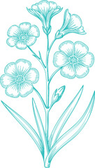 Vintage Teal Flax Wildflowers Illustration Graphic. A Rustic Nature-themed Design for Cottagecore