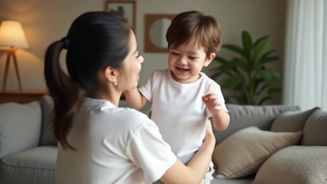 Handheld medium shot, Young Asian mother holds her little son and plays with him happily in a cozy room at home. A cute moment between mother and son.