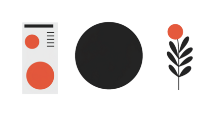 Modern abstract graphic elements featuring a minimalist brochure design, a bold circle, and a stylized botanical sprig create a sophisticated visual for contemporary design projects and marketing mate