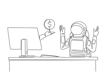 Single one line drawing hand of astronaut out of monitor screen while holding a penny. Additional donations for the expedition. Cash. Things from Screen. Continuous line design graphic illustration © Simple Line