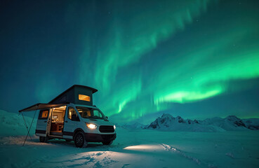 Expedition camper van parked in snowy Arctic landscape under stunning aurora borealis. Northern lights illuminate the winter night sky. Remote wilderness camping adventure with a recreational vehicle.