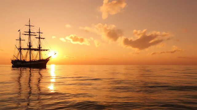sailing ship at beautiful ocean sunset
