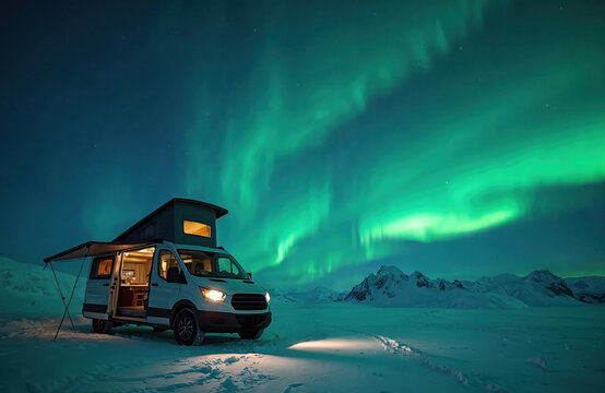 Expedition camper van parked in snowy Arctic landscape under stunning aurora borealis. Northern lights illuminate the winter night sky. Remote wilderness camping adventure with a recreational vehicle. - Powered by Adobe