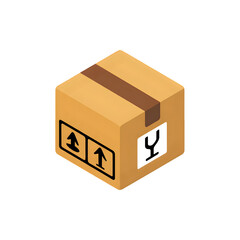 A simple illustration of a closed cardboard box with fragile label and brown packing tape