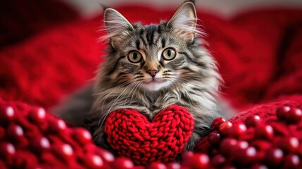 Close-up cat sitting red blanket long-haired tabby gray A knitted heart