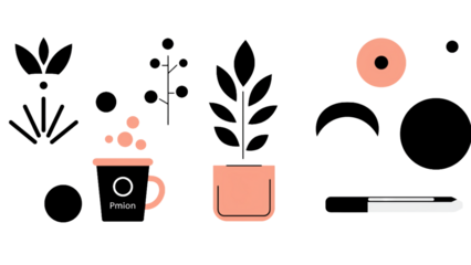 Modern abstract graphic elements featuring plants, coffee cup, geometric shapes, and progress bar, perfect for branding and design projects