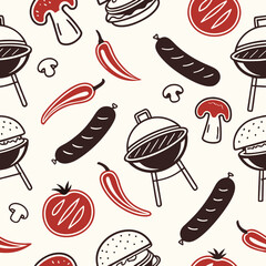 Vector art of seamless pattern of barbecue food and grills, including sausages, burgers, chili peppers, mushrooms, and tomatoes, in a playful doodle style