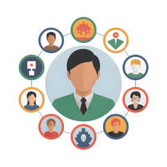 A diverse team of professionals collaborates around a central figure symbolizing teamwork and leadership