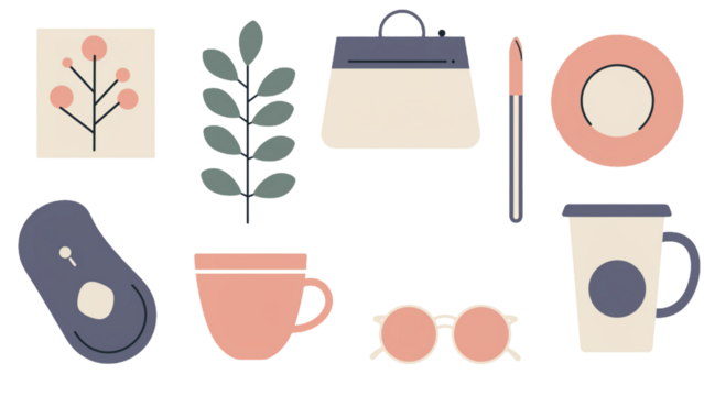 Chic flat lay illustration featuring essential lifestyle items like a stylish handbag, coffee cup, sunglasses, and botanical elements, perfect for modern blogs and social media.