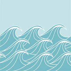 Vector art of stylized illustration of blue ocean waves with white outlines against a light blue sky background