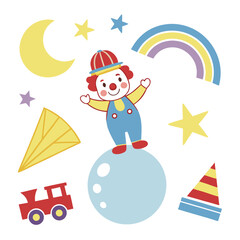 Vector art of cute clown balancing on a ball with circus elements like a rainbow, moon, stars, train, and party hats