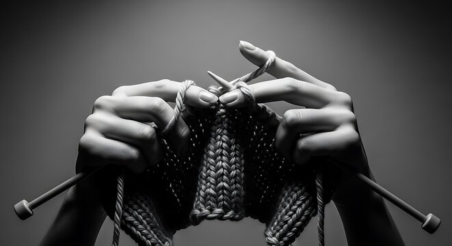 Elegant hands skillfully crafting a knitted creation in monochrome tones