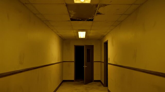 Backrooms yellow hallway with buzzing lights and wet patch