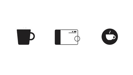 Stylish trio of modern icons featuring a steaming coffee mug, a digital wallet, and a hot beverage in a circular emblem, perfect for branding and digital design projects.