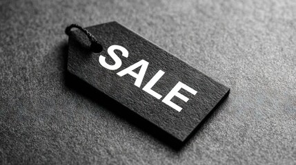 Minimalist black SALE tag on textured dark surface, modern retail concept emphasizing seasonal discounts, promotions, and elegant product branding