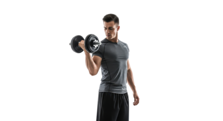 Man lifting dumbbell for bicep curl exercise isolated PNG with Transparent Background