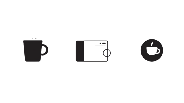 Stylish trio of modern icons featuring a steaming coffee mug, a digital wallet, and a hot beverage in a circular emblem, perfect for branding and digital design projects.