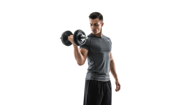 Man lifting dumbbell for bicep curl exercise isolated PNG with Transparent Background