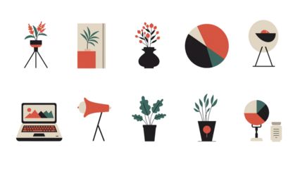 Modern, flat design icons featuring plants, charts, a laptop, and a megaphone, perfect for business presentations and creative projects seeking a clean, vibrant aesthetic.