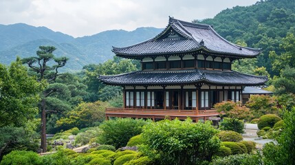 Obraz premium Traditional Asian temple nestled within a lush green garden.