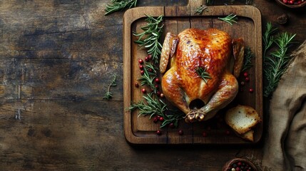 Roasted chicken wooden cutting board is golden brown Homemade rotisserie