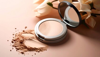 Compact Powder Makeup with Flowers on Beige Background