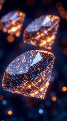 Glowing Diamonds Falling Dark Background.