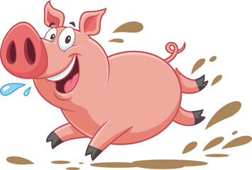 Happy cartoon pig running through mud, flat vector illustration of farm animal character, fun livestock scene, playful piglet design element