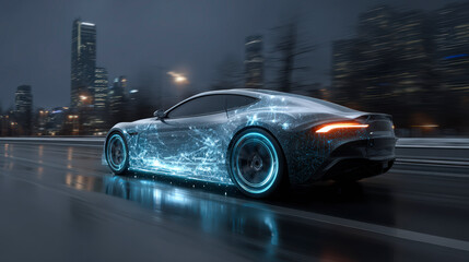 Naklejka premium A sleek, futuristic car glides through a rainy cityscape at night, its body illuminated with intricate, glowing patterns.