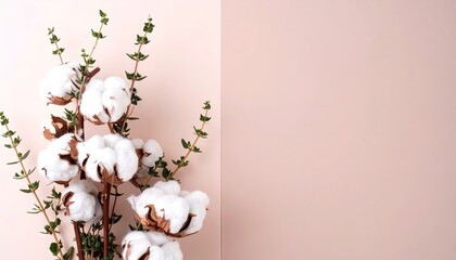 Cotton Plant and Thyme Sprigs Against Blush Pink Background