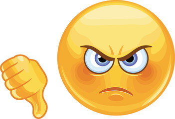 Angry emoji showing thumbs down hand gesture, flat vector illustration of disapproval, cartoon emoticon, mad face, negative expression design
