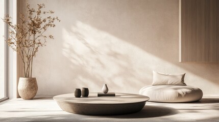 Neutral-toned Japanese room with low table and two soft cushions, D interior visualization with calm atmosphere