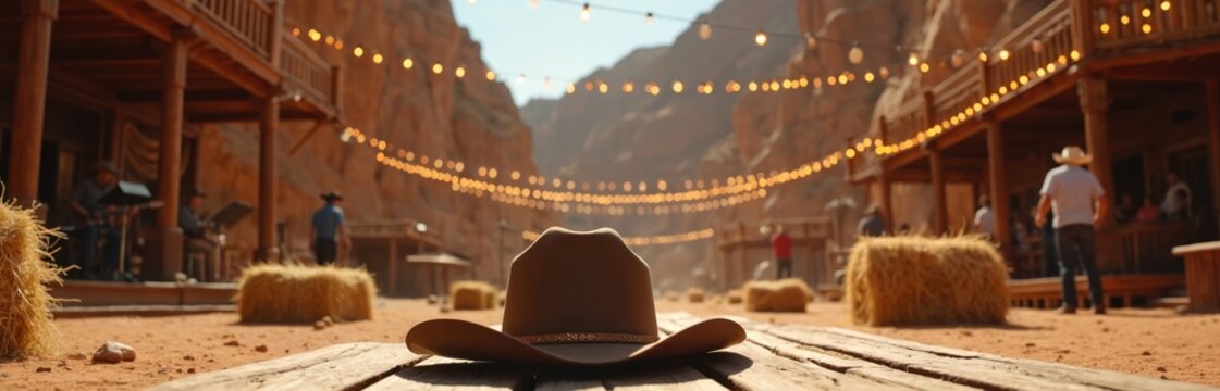 Western town canyon party scene with cowboy hat foreground. String lights illuminate rustic buildings, hay bales. People enjoy desert festival with live music, creating lively summer celebration