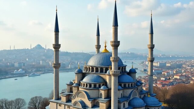 Curved aerial view of the Blue Mosque with city in the background
