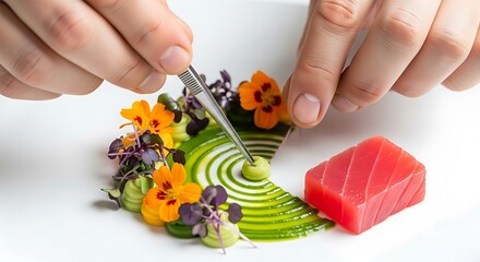 Exquisite tuna dish preparation with delicate floral garnish display