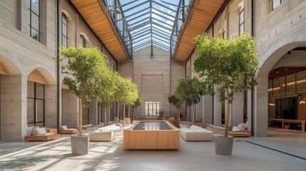 Fototapeta premium Newly built empty warehouse with clean walls, high ceilings, and skylights, creating a bright and modern industrial setting