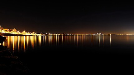 Night reflections of the Vasco da Gama Bridge lights on the water, capturing Lisbon's serene beauty and iconic urban landmark