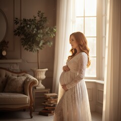 Fototapeta premium Pregnant Woman in Elegant Lace Gown, Maternity Photography, Expectant Mother, Gentle Light, Soft Focus, Indoor Studio Shot