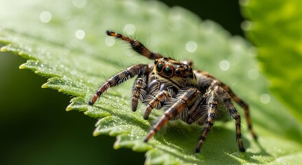 Closeup of a spider on a green leaf.