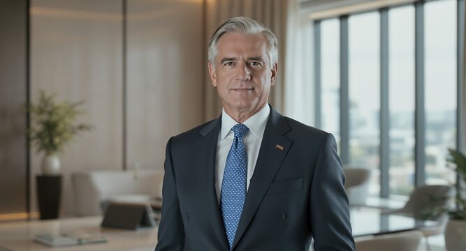 Professional Businessman Portrait, Corporate Headshot, Executive in Suit, Confident Leader, Serious Expression, Modern Office Background