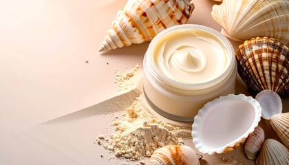 Cream Jar with Seashells on Beige Background