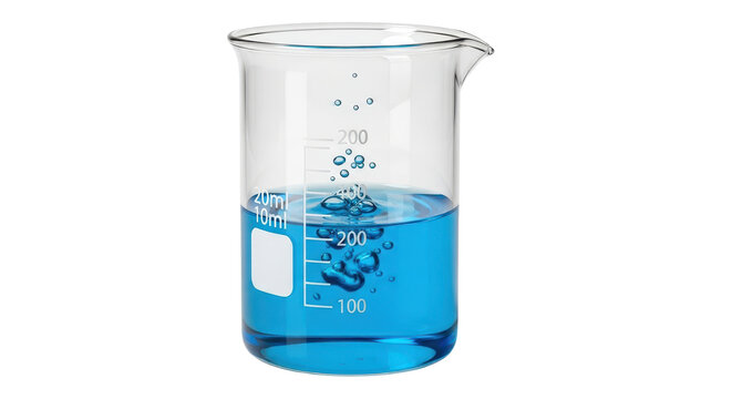 Scientific glass beaker with blue liquid and bubbles, laboratory glassware for chemistry research, transparent 250ml measuring cup on white background