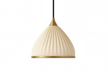 Cream ceramic hanging lamp with golden details isolated on transparent background, ideal for interior design projects