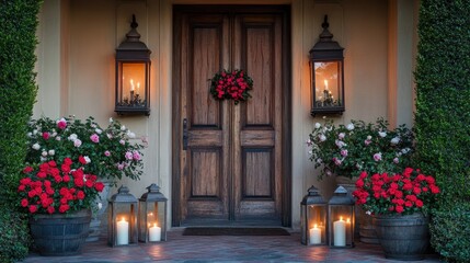 Old-world Italian front porch featuring roses in bloom and candle-lit lanterns by a wooden door