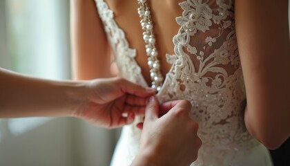 Intricate lace wedding dress detail shows bride preparation. Delicate buttons fasten gown back, adorned with pearls. Timeless glamour, romantic celebration, custom craftsmanship creates elegant