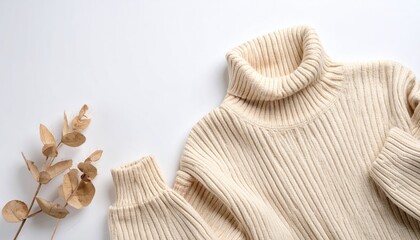Cream Knit Turtleneck Sweater with Dried Eucalyptus