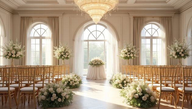 Elegant wedding ceremony setup in grand ballroom featuring gold chiavari chairs, abundant white floral arrangements, stunning crystal chandelier. Scene creates luxurious, romantic atmosphere, perfect