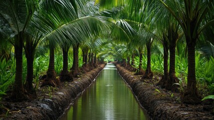 Obraz premium Organic coconut farming in Thailand with dwarf coconut palms and narrow water canal between rows