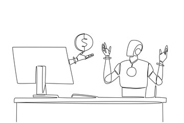 Single continuous line drawing hand of robot out of monitor screen while holding penny. Designing a savings program, Technology manages finance. Things from Screen. One line design vector illustration © Simple Line